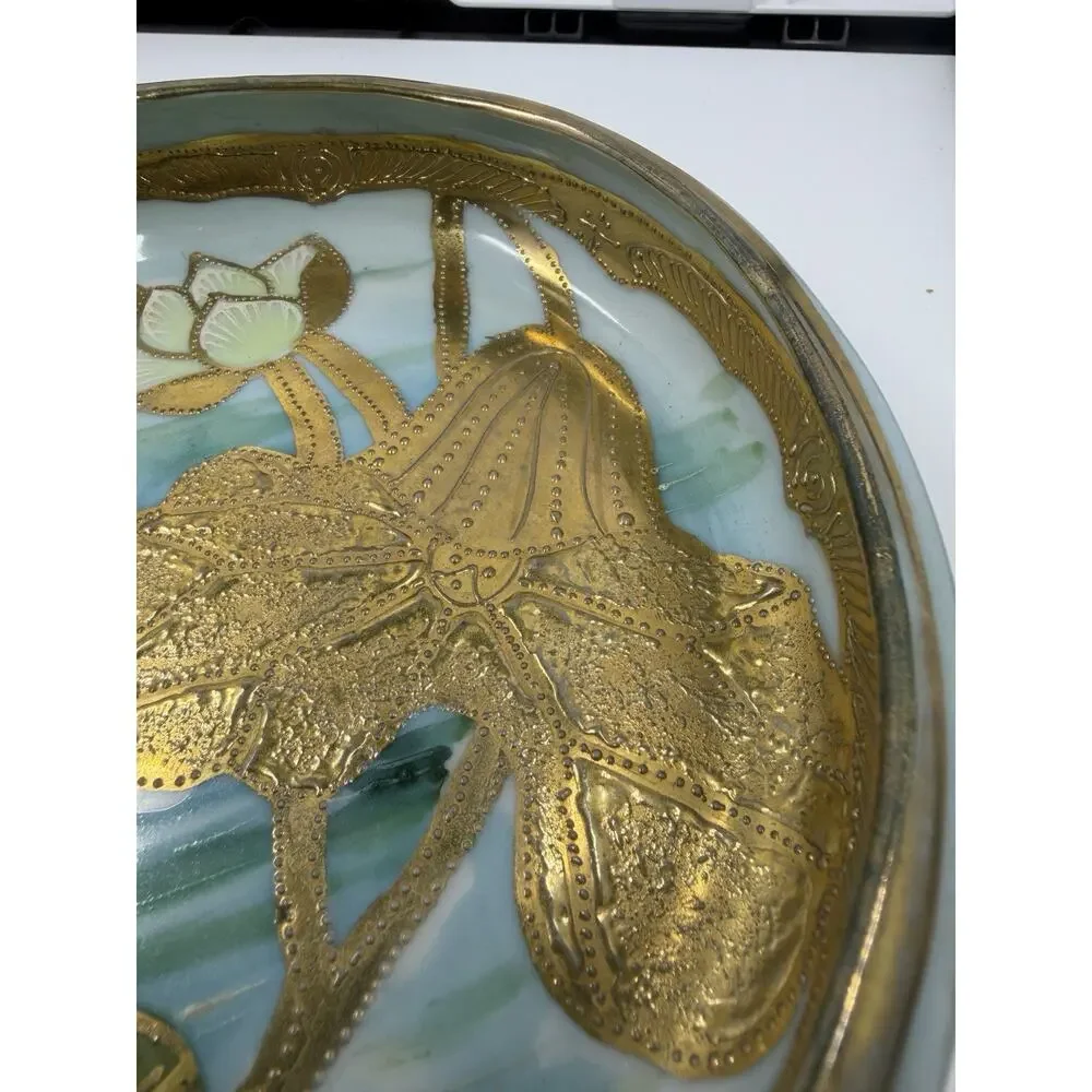 Antique Nippon Hand Painted Water Lily Gold Gilt Moriage Large Trinket Dish